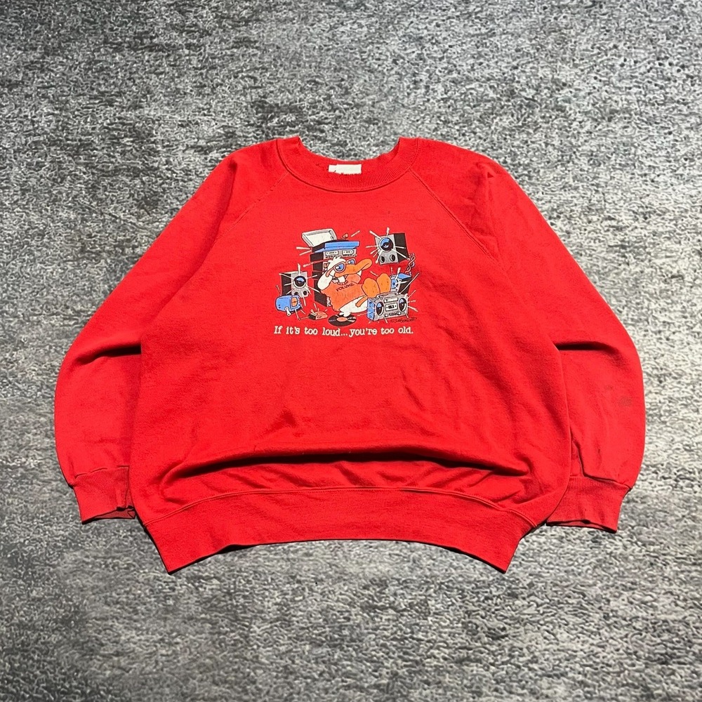 Vintage 80s "If‎ It's Too Loud...You're Too Old" Crewneck Sweatshirt Large Red